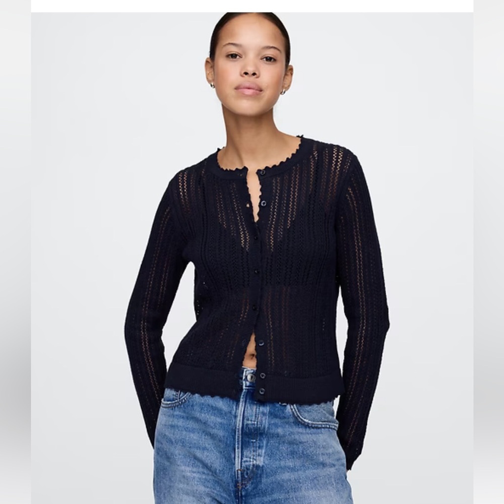 Women's linen-blend pointelle cardigan in navy